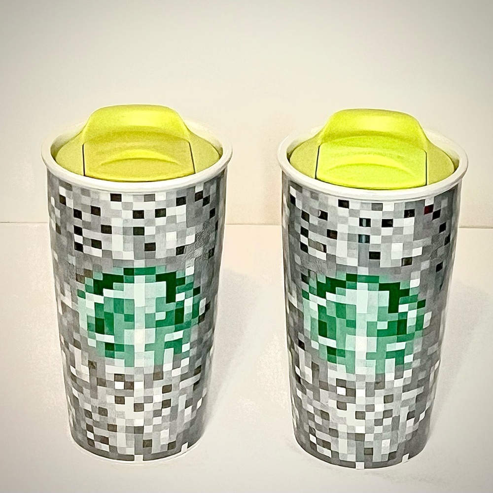 Starbucks 2012 Rodarte 12 oz Silver Pixel Collectors Tumbler Pair w/Green Lids